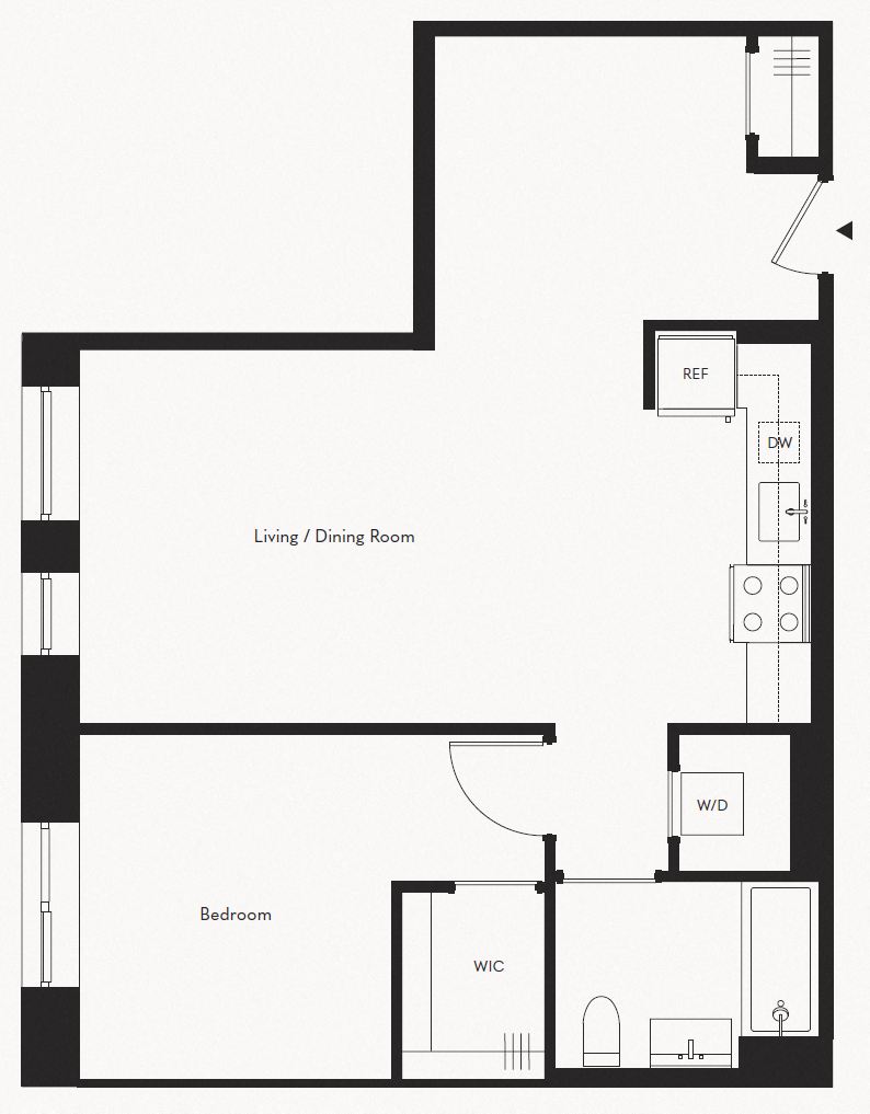 Floor plan for 1 bed, 1 bath, 808 sqft